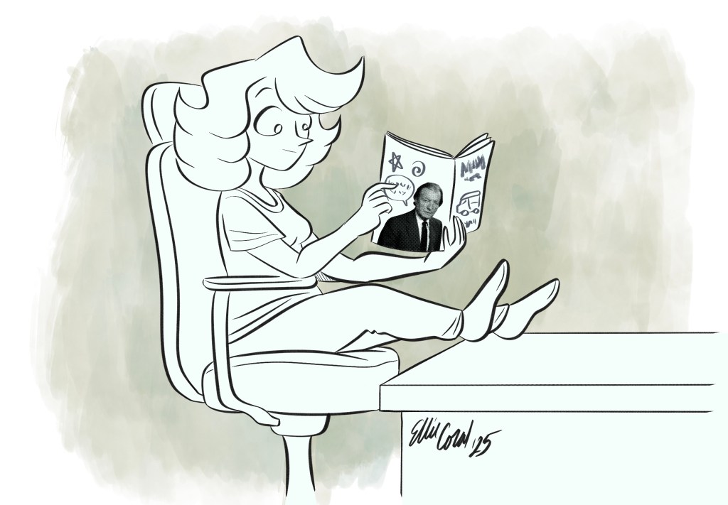 Cat Modean sits in a comfy computer chair with her socked feed up on a desk. She casually skims a zine with a small smile on her face. The back cover of the zine features a picture of former Taoiseach Charles Haughey with an indecipherable speech bubble, a star, and a swirl designs around him.